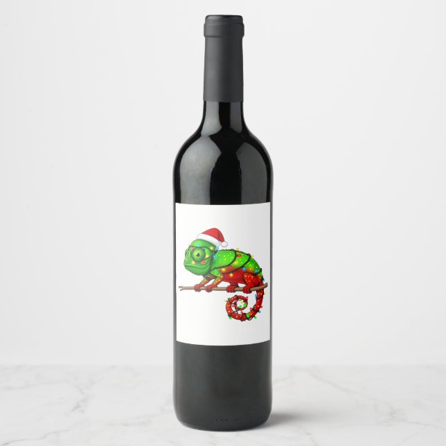 Christmas Veiled Chameleon Chamaeleo Santa Hat   Wine Label (Front)