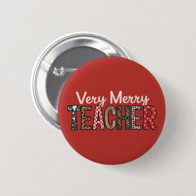 Christmas Very Merry Teacher Leopard Tree 6 Cm Round Badge (Front & Back)