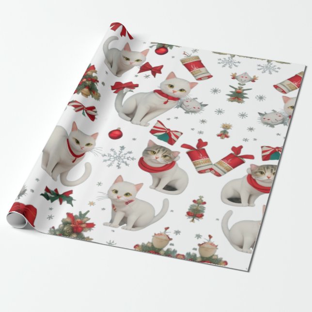 Christmas Vibes Cats seamless Pattern Wrapping Paper (Unrolled)