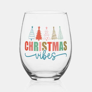Christmas Vibes - Colourful Holiday Trees Design Stemless Wine Glass