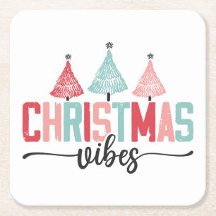 Christmas Vibes - Festive Tree Design Square Paper Coaster