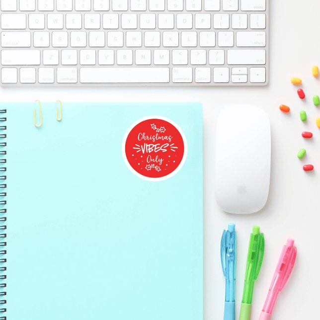 Christmas Vibes Only Typography Red White Classic Round Sticker (Creator Uploaded)