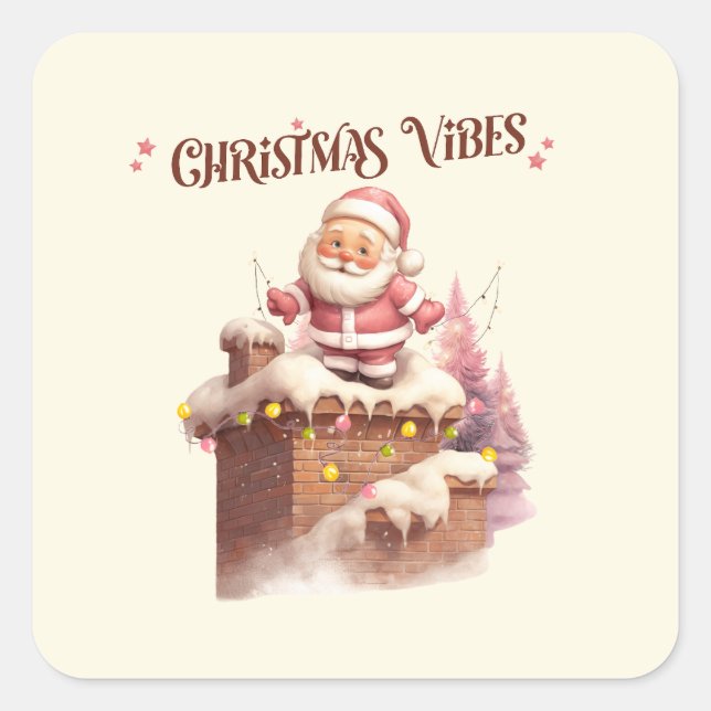 Christmas Vibes Pink Santa Square Sticker (Front)