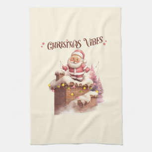 Christmas Vibes Pink Santa Tea Towel