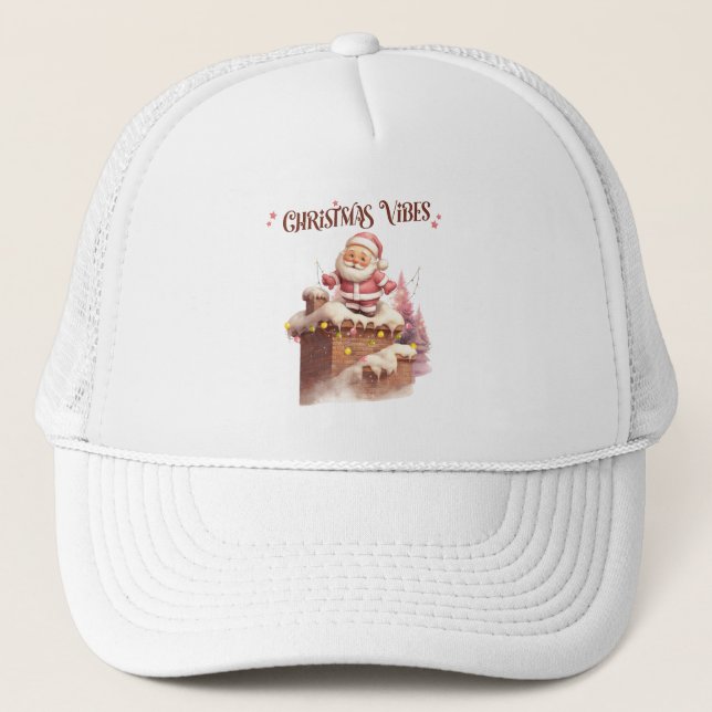 Christmas Vibes Pink Santa Trucker Hat (Front)