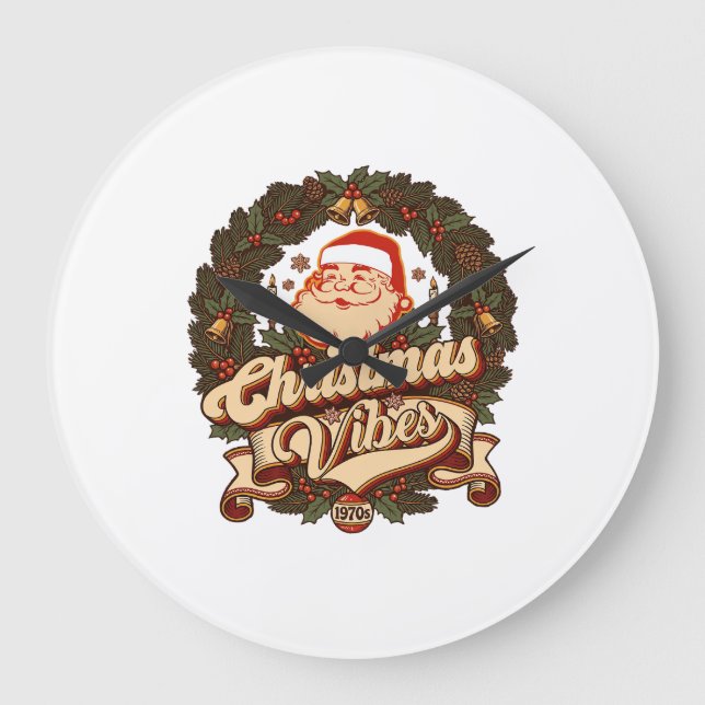 Christmas Vibes Santa Claus Wreath Bells Large Clock (Front)