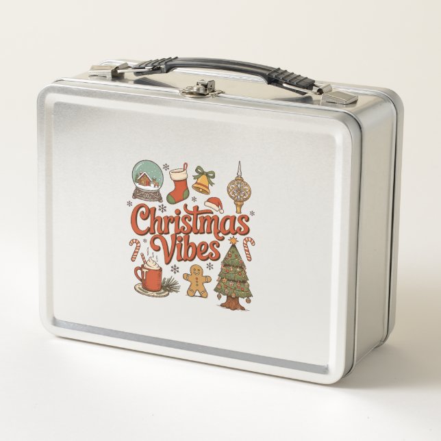 Christmas Vibes Snow Globe Gingerbread Man Tree Metal Lunch Box (Front)