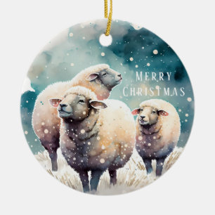 Christmas Vibes - Watercolor Sheep and Racoon - Ceramic Tree Decoration