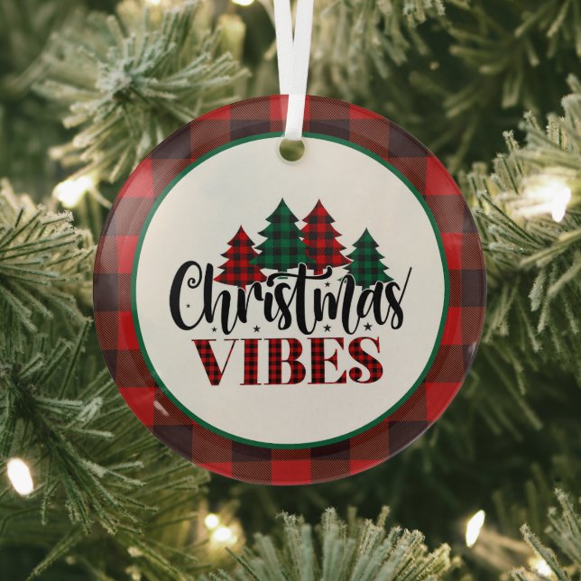 Christmas Vibes with Black and Red Plaid Glass Tree Decoration (Insitu)