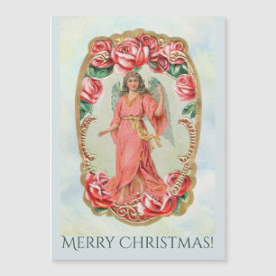 Christmas Victorian Angel Framed by Red Roses Gold