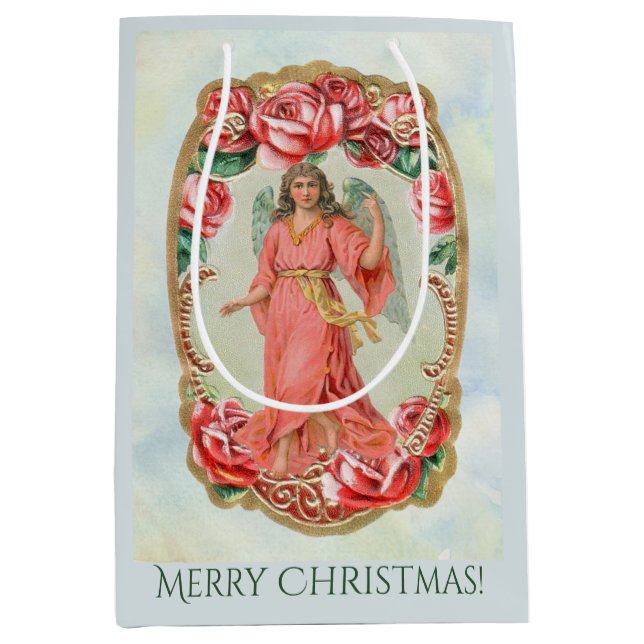 Christmas Victorian Angel Framed by Red Roses Gold Medium Gift Bag (Front)
