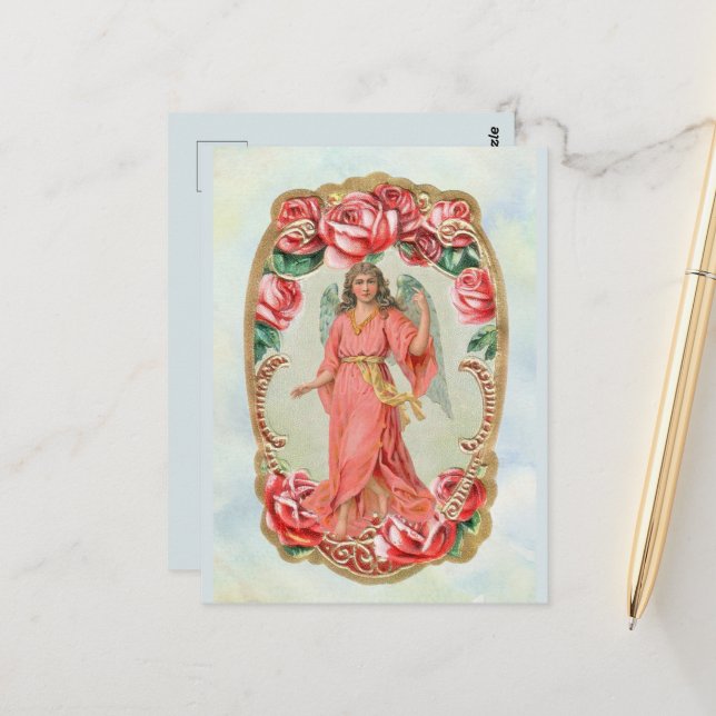 Christmas Victorian Angel Framed by Red Roses Gold Postcard (Front/Back In Situ)