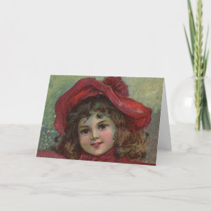 Christmas Victorian Child Red Hat Girl Portrait Ar Holiday Card
