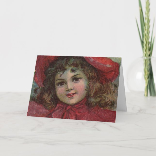 Christmas Victorian Child Red Hat Girl Portrait Ar Holiday Card (Front)