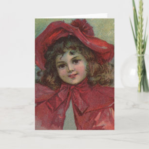 Christmas Victorian Child Red Hat Girl Portrait Ar Holiday Card