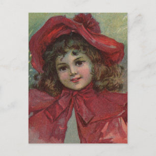 Christmas Victorian Child Red Hat Girl Portrait Ar Holiday Postcard