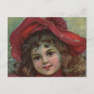 Christmas Victorian Child Red Hat Girl Portrait Ar Holiday Postcard