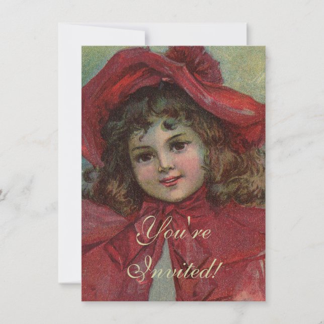 Christmas Victorian Child Red Hat Girl Portrait Ar Invitation (Front)