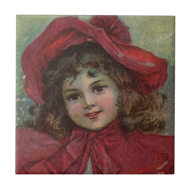 Christmas Victorian Child Red Hat Girl Portrait Ar Tile (Front)
