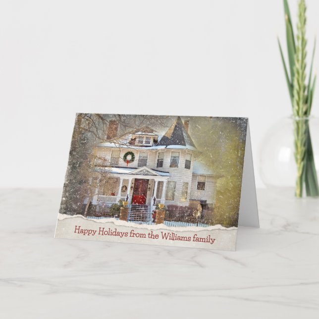 Christmas Victorian House With Family Name Card (Front)