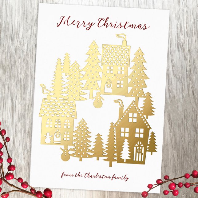 Christmas Village (Gold foil, red and white festive Christmas Village papercut scene personalized Christmas card)