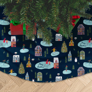 Christmas Village Blue Pattern 'Merry Christmas' Brushed Polyester Tree Skirt