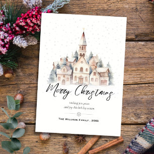 Christmas Village Church Minimal watercolor Holiday Card