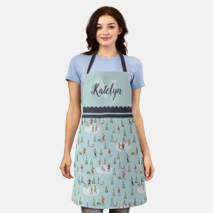 Christmas Village Ice Skating & Skiing Holiday Apron