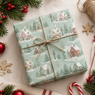 Christmas Village Mint Green Merry Christmas Wrapping Paper