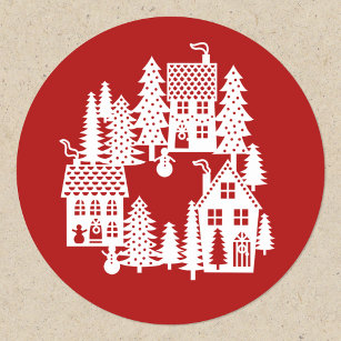 Christmas Village Red and White Classic Round Sticker