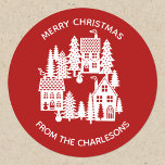 Christmas Village Red and White Classic Round Sticker<br><div class="desc">A little Christmas village nestled in the snow.  Original art by Nic Squirrell.  Change the greeting and name to personalise.</div>