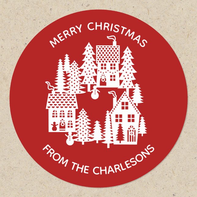Christmas Village Red and White Classic Round Sticker (Red and white festive Christmas Village papercut scene personalized sticker)