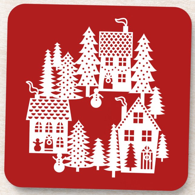 Christmas Village Red and White Coaster (Christmas Village red and white  festive drinks coaster)