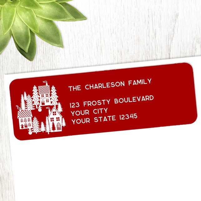 Christmas Village Red and White Return Address (Christmas Village red and white personalized custom text return address label for the winter Holiday)