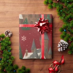 Christmas Village   Red with Snowy Houses & Pines Wrapping Paper