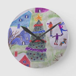 Christmas Village Round Clock
