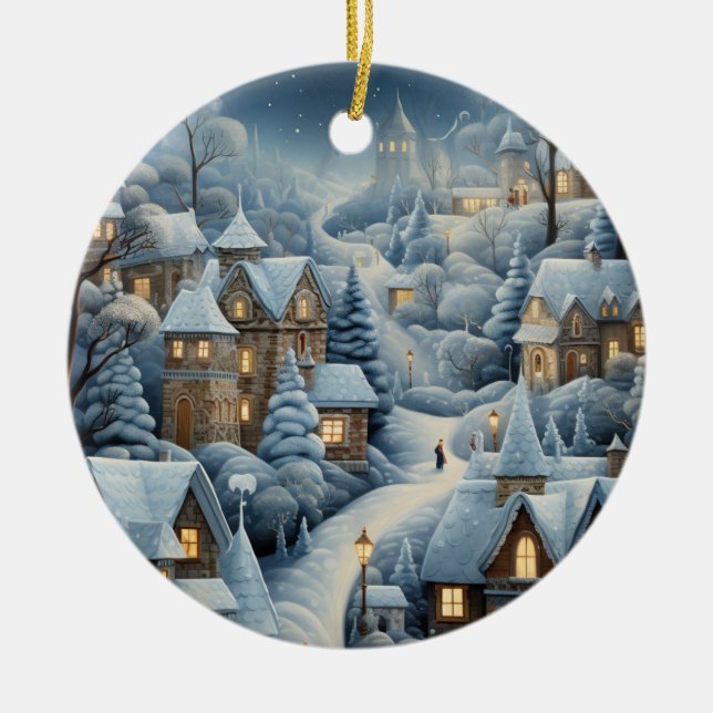 Christmas Village Scene Ceramic Tree Decoration (Front)