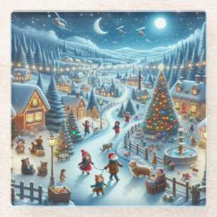 Christmas Village Snowy Scene Painting Glass Coaster