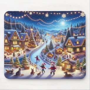 Christmas Village Snowy Scene Painting Mouse Pad