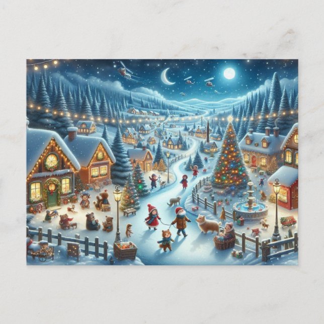 Christmas Village Snowy Scene Painting Postcard (Front)