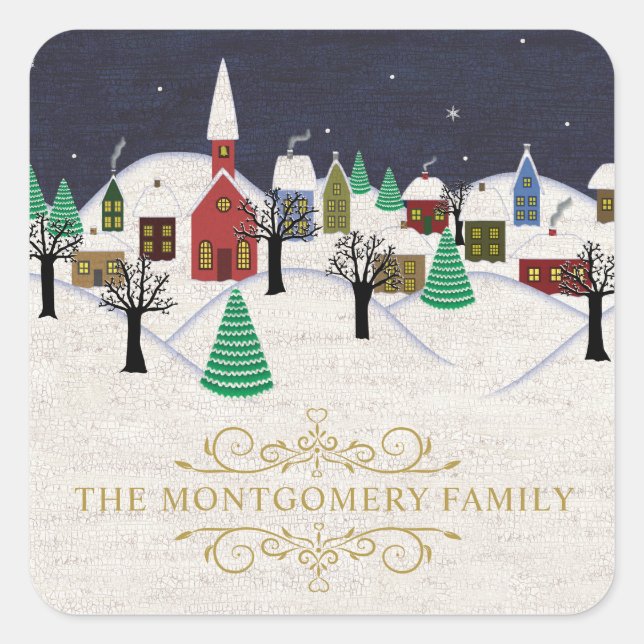 Christmas Village w/ Church Family Name Monogram Square Sticker (Front)