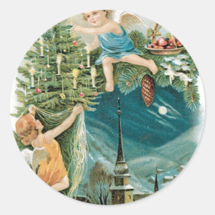 Christmas Village with Angels Classic Round Sticker