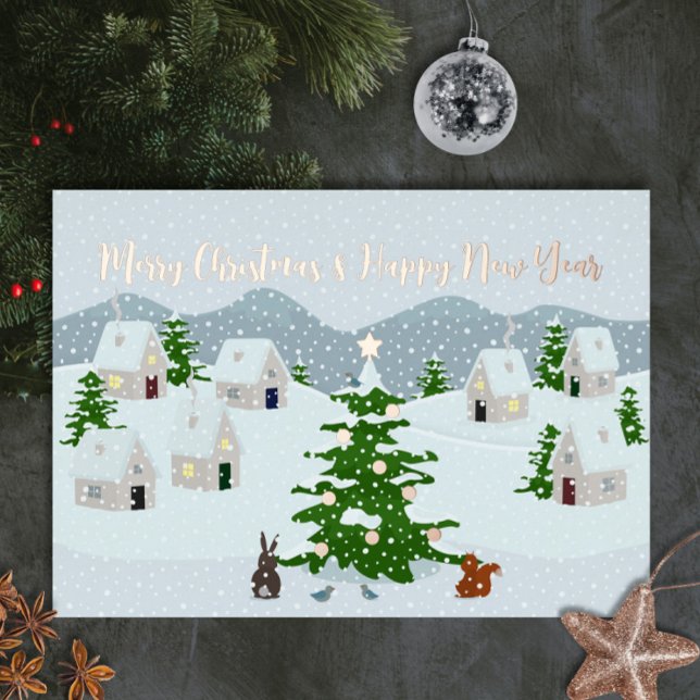 Christmas village with cute animals and snow (Christmas snow village foil holiday custom card. Personalize it with your photo and text.)