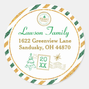Christmas Vintage Air Mail Gold Glitter Address Classic Round Sticker