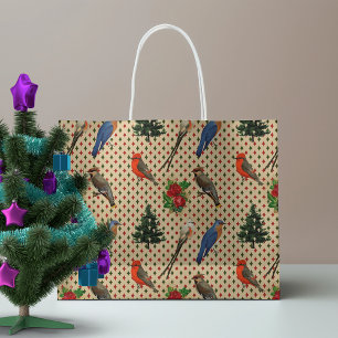 Christmas Vintage Birds Large Gift Bag