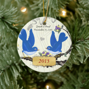 Christmas Vintage Bluebirds on Wood Grain Ceramic Tree Decoration