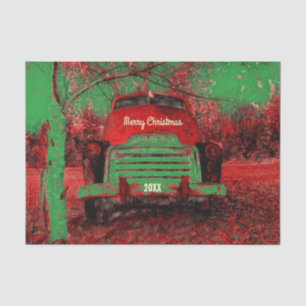 Christmas Vintage Bright Red Green Rustic Truck Tissue Paper