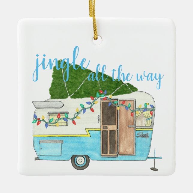 Christmas Vintage Camping Trailer Ceramic Ornament (Front)