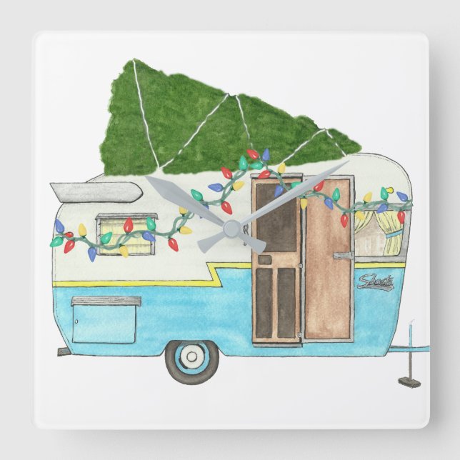 Christmas Vintage Camping Trailer Square Wall Clock (Front)