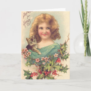 Christmas Vintage Girl With Cat Holiday Card